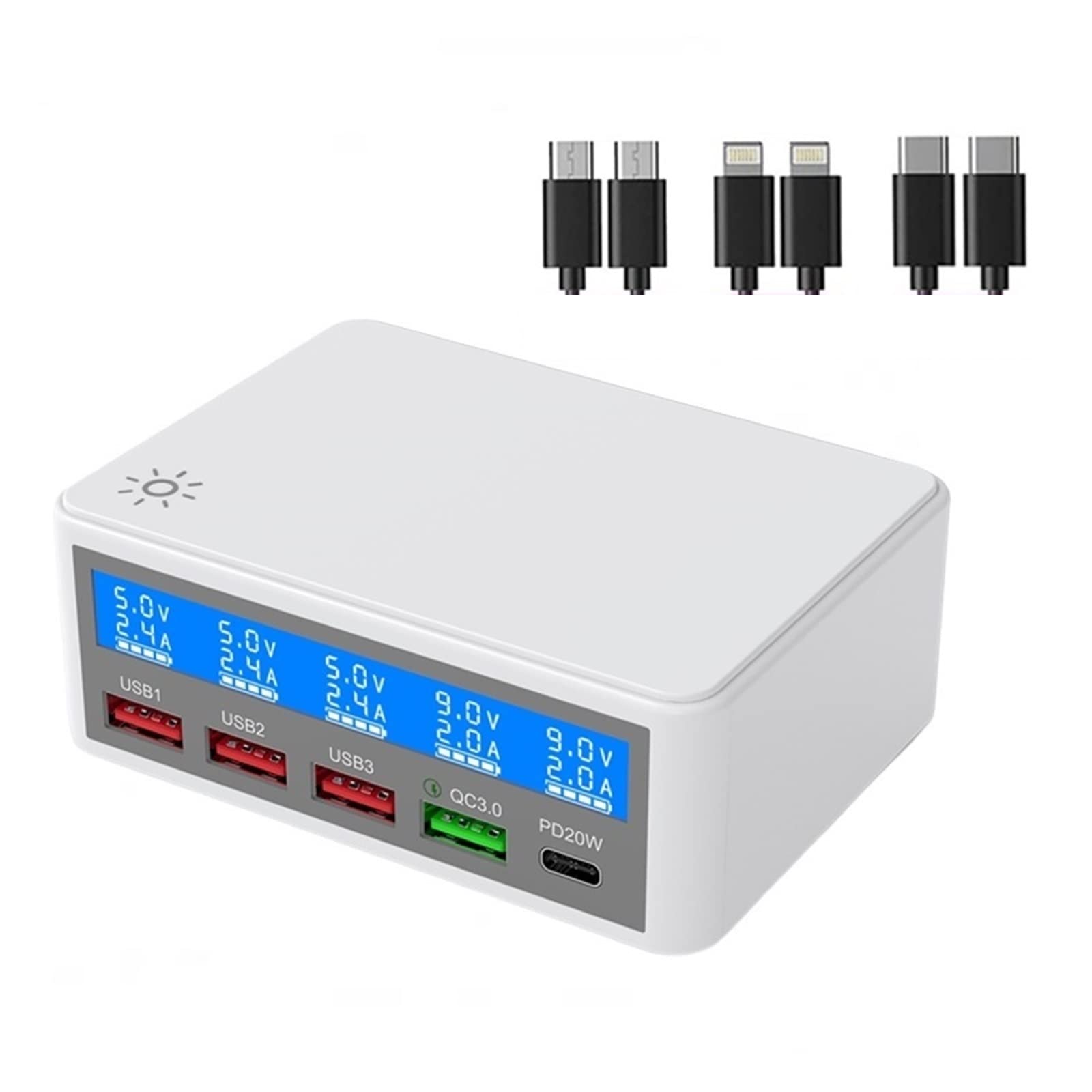 65W Multi 4 portowa stacja szybkiego ładowania USB, szybkie ładowanie QC3.0 PD 20W ładowarka ścienna Hub z wyświetlaczem LCD do tabletu z telefonem Bezpieczna ładowarka(White With Cable)