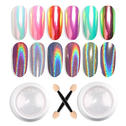 Polvo de uñas blanco cromado GZSYY Holo Nail Powder 2 unidades Aurora Ice Shimmer Chrome Pigmento polvo espejo para uñas
