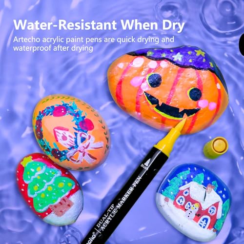 Artecho Acrylstifte 72 Farben mit Stoffbeutel, 0.5-5mm Wasserfester Dual Tip Marker (Pinsel und feine Spitze), mit doppelten Enden für Rock Painting, Glas, Papier, Ei, Leinwand, Keramik, DIY Crafts