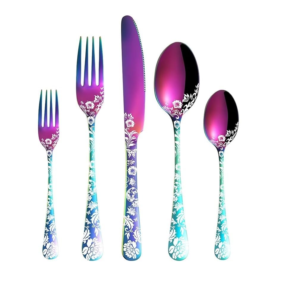 RoarCraft Flower Pattern Design Silverware Set, Stainless Steel Flatware Set Service for 1 Person,Colorful Cutlery Set, Mirror Polished Utensil Set for Kitchen, Dishwasher Safe (Rainbow,5 pcs)