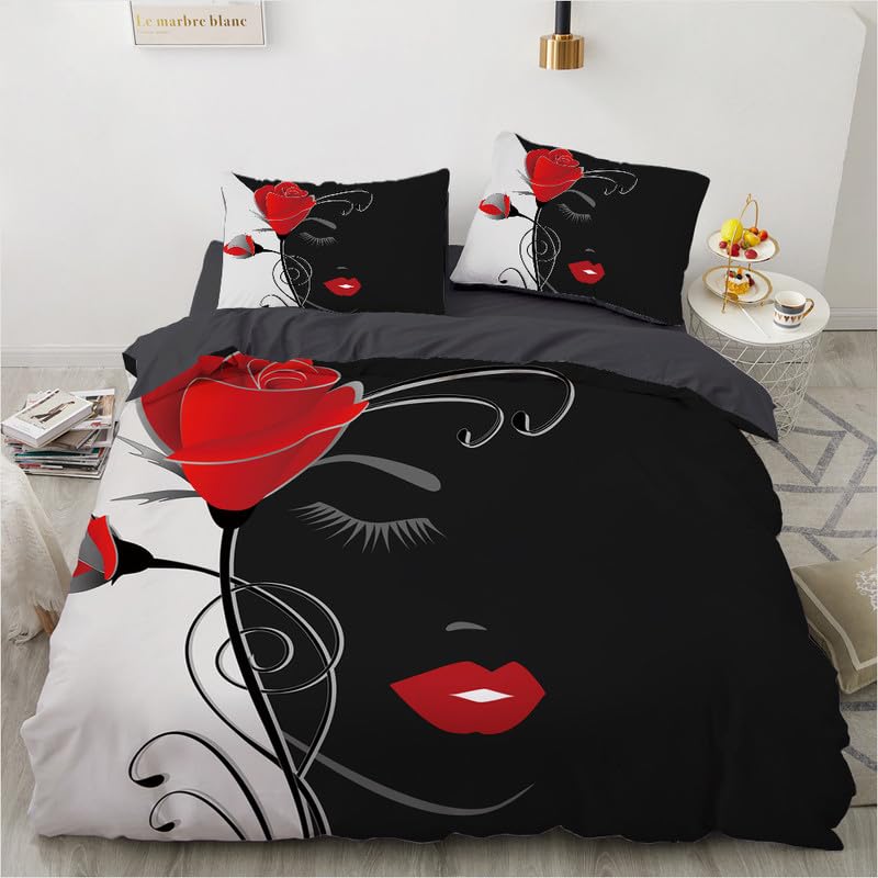 Housse de couette 220x240 roses noires et 2 taies d'oreiller pour lit adulte