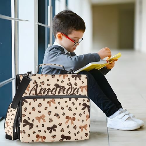 Image of Custom 3 Ring Zipper Binder Leopard Print Bow Pattern Personalized Name 1.5 inch Binders Large Capacity Multi Pockets for School Office Supplies