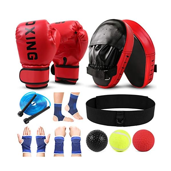 Odoland 7-in-1 Boxing Gloves and Punching Mitts Set for Kids, Boxing Mitts Focus Pads, Kids Boxing Gloves and Protect Sleeves, Reflex Balls Kit and Jumping Rope for MMA Training