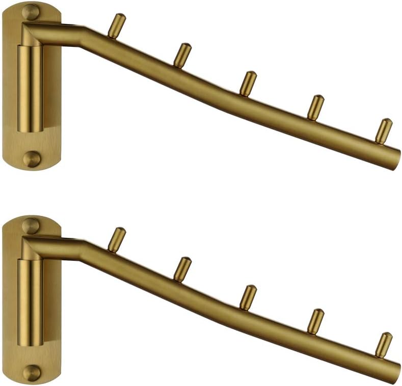 JQK Folding Clothes Hanger Rack, Stainless Steel Swing Arm Hook Holder, Clothing Hanging System Drying Closet Storage Organizer Brushed Gold Wall Mount 2 Pack, SHR100-BG-P2