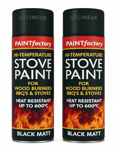 HitlineUK 2 x 400ml Heat Resistant BBQ & Stove Paint – Matt Black Spray Paint for Barbecue, Fireplaces, Stoves & Grills – Up to 600°C – Interior/Exterior Use