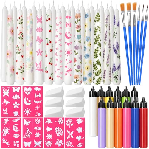 Treela 42 Pcs DIY Candle Painting Kit Include 12 White Taper Candles 12 Vibrant Colors Candle Wax Pen 6 Floral Painting Stencils 6 Paint Brushes 6 Sponge Block for Craft Birthday Wedding Holiday Party