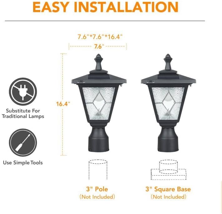 Miniatura 7 de KP4326Q-A Lámpara solar de poste de luz, iluminación al aire libre, luz de pilar solar LED de aluminio con vidrio Tiffany para columna de puerta,