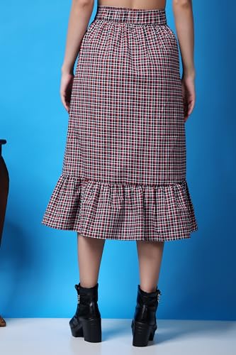 Image of POPWINGS Casual Check Print Long Flare Skirt for Women | Cotton Skirt for Women Skirt for Women