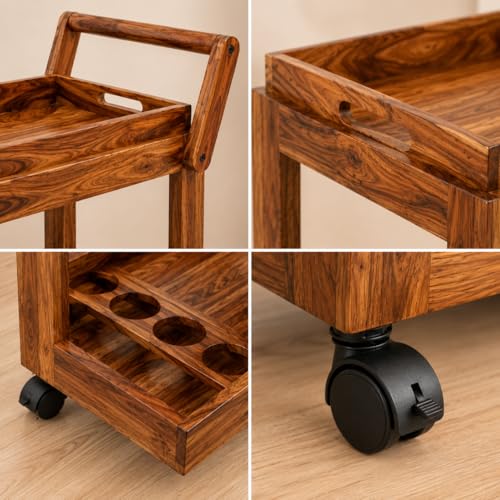 Image of Solid Wood 3-Tier Rolling Bar Cart | Mobile Kitchen Island & Serving Trolley with Removable Top Tray & Integrated Bottle Holder Wine Serving Trolley| Brown Finish