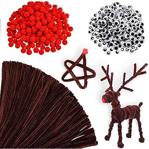 940 Stück Pfeifenreiniger Braun zum Basteln, 200 Stück Pfeifenputzer Chenille Draht, 350 Stück Rote Pom Poms, 350 Stück Wackelaugen Selbstklebend für Deko und Weihnachten Rentieren Bastelzubehör Cover