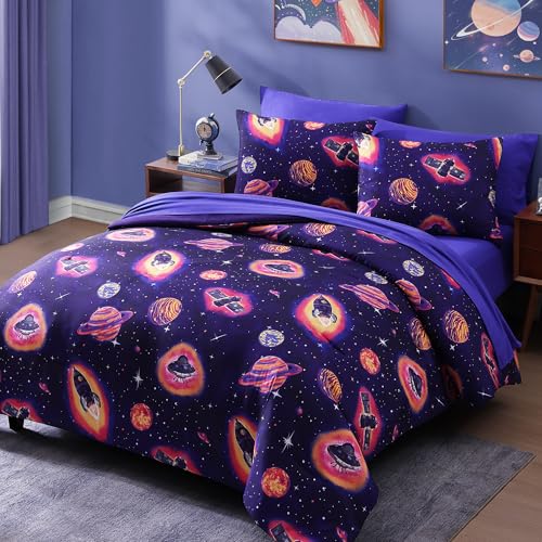 Full Size Comforter Set for Boys-7 Pieces Space Rocket Full Bedding Sets for Kids, Ultra Soft Bed in A Bag with Sheets