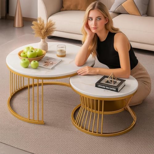 Image of Brown Art SHOPPEE Round Coffee Table Home Decor Furniture Coffee Table Sets,2 Piece MDF Top,Stacking Nesting Table with Iron Frame for Living Room Living Room or Lounge (Gold & White)