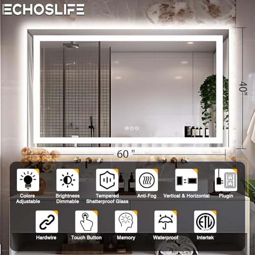 60"x40" LED Mirror for Bathroom, Front and Backlit, Anti-Fog Vanity Mirror with Lights, Stepless Dimmable Lit, 3 Colors Smart Mirror (Horizontal/Vertical)