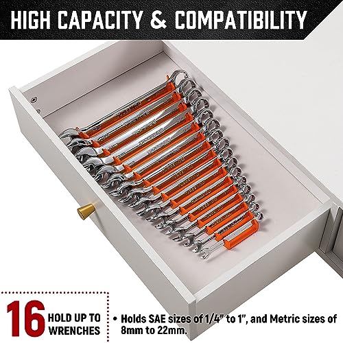ALOANES 64-Slot ABS Plastic Wrench Organizer, Standard Hanging Wrench Organizer for Tool Box and Wall, Fit SAE & Metric Wrench Storage, 4 Pack Lightweight Wrench Holder(Orange) — view 4