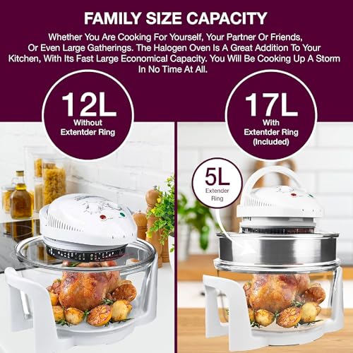 Andrew James Halogen Oven Cooker 12l – 17l 1400W, Glass Air Fryer with Turbo Wash and Included Accessories, Halogen Oven Cooker with Extender Ring & Replacement bulb (WHITE) - Image 5
