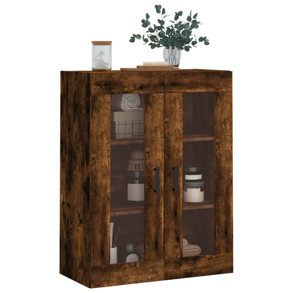 Armario de pared de roble ahumado 69,5 x 34 x 90 cm, armario colgante con puertas de cristal de madera, armario flotante moderno para dormitorio y estudio