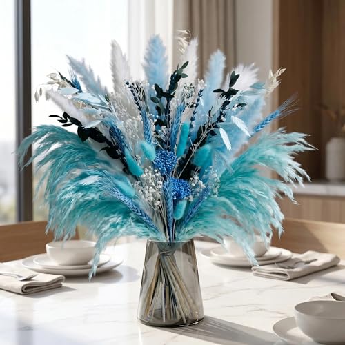 Bouquet fleurs séchées bleues et pampa pour centre de table mariage
