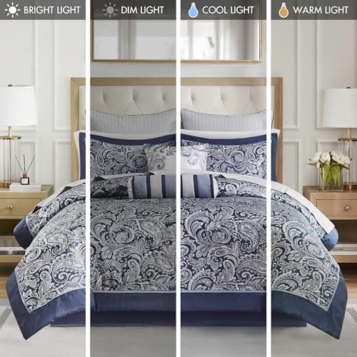 Image of Madison Park Aubrey Cozy Comforter Set, Faux Silk Jacquard Paisley Design - All Season Down Alternative Bedding with Cotton Bed Sheets, Bed Skirt & Toss Pillows, California King Navy 12 Piece