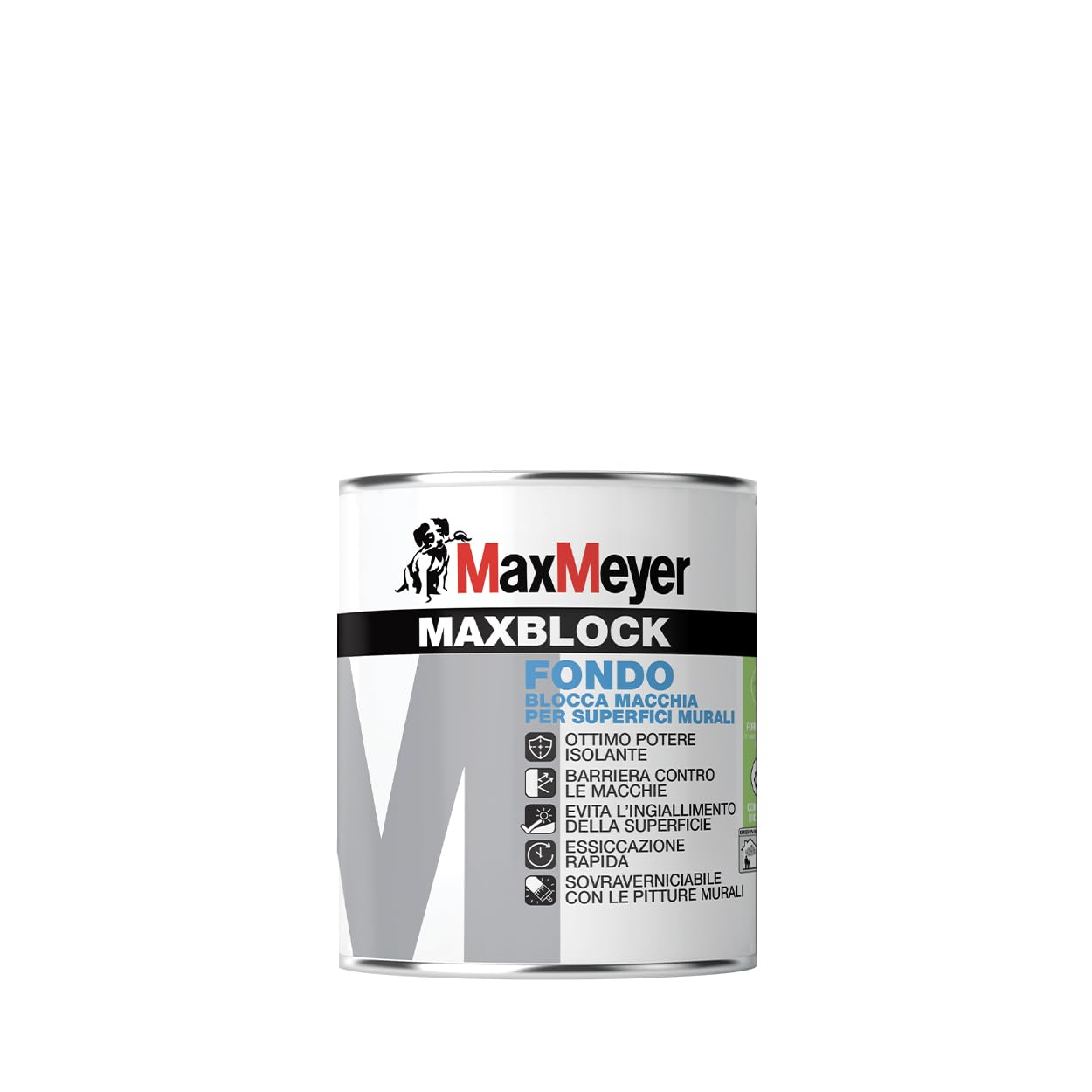 MAXMEYER MAXBLOCK Fondo Isolante per interni, Barriera Contro le Macchie, Sovraverniciabile, A+ Senza Formaldeide, Bianco, 0,75 Litri