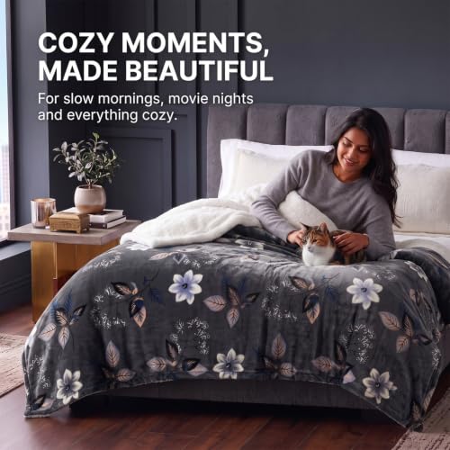 Image of BSB HOME Premium Flannel Fleece Blanket with Sherpa Reverse, 280 GSM Soft Plush Reversible Floral Blanket, Warm Cozy Winter Blanket for Bed, Sofa & Couch, 90 x 100 Inches (228 x 254 cm) - Slate Grey
