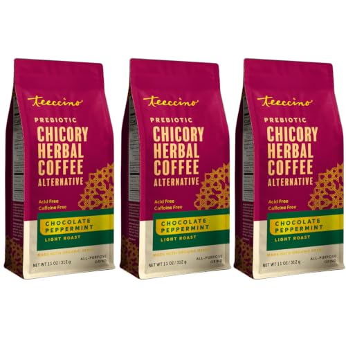 Teeccino Chocolate Peppermint Chicory Coffee Alternative - 11 Ounce - Ground Herbal Coffee That’s Prebiotic, Caffeine Free & Acid Free, Light Roast, (Pack of 3)