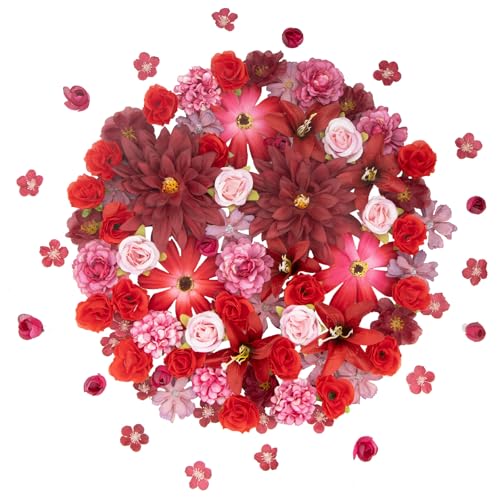 Artificial Flowers Combo, Mix Red Silk Faux Flower Heads with Stems, Fake Flowers for DIY Wedding Bridal Bouquets, Baby Shower, Floral Arrangement, Table Centerpieces, Craft Garland, Home Decor