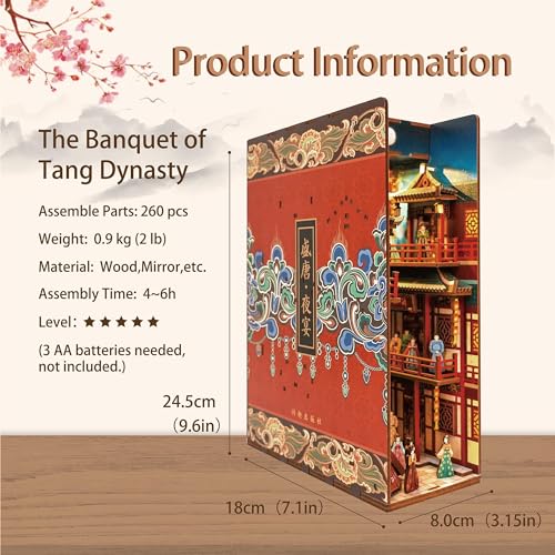 Image of Tonecheer DIY Book Nook Kit for Adults, 3D Wooden Puzzle Bookend Bookshelf Insert Decor, Chinese Booknook Miniature House Kit with Body Motion Sensor LED Light (The Banquet of Tang Dynasty)