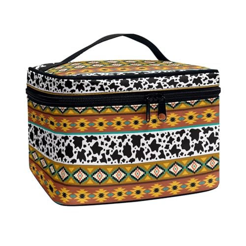 Poetesant Boho Ethnic Cosmetic Storage Bag Large Capacity Makeup Bag Aztec Cow Print Make up Organizer Lightweight Toiletry Bag with Handle Casual Make up Bag for Ladies