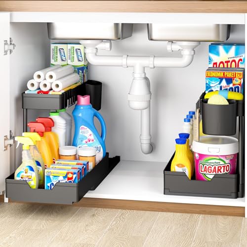 WAKISA Under Sink Organizers 2 Pack, Bathroom Organizers Under Cabinet Storage, 2 Tier Counter Storage with Drawer/Hooks/Cups, L Shape Large Capacity Organization and Storage for Home Kitchen Bathroom