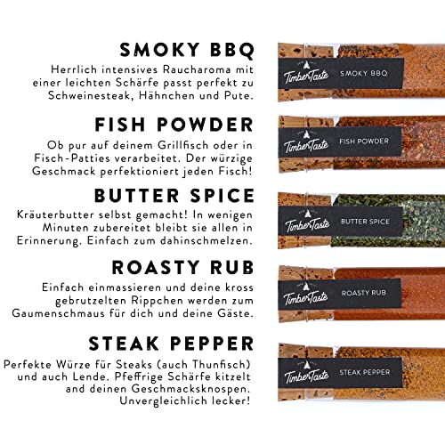 Foto von TIMBER TASTE® Grill Gewürze Geschenkset Frauen & Männer - 5 erlesene BBQ Grillgewürze inkl. Rezepte - Grill Zubehör Geschenke für Frauen - Gewürze Set Geburtstagsgeschenk für Erwachsene - Gewürzset