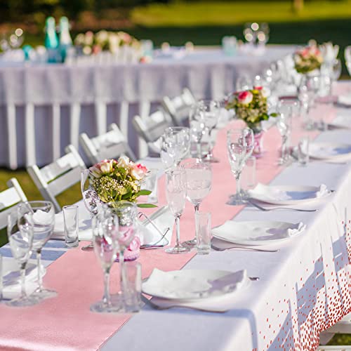 Image of Breling 24 Packs Rose Gold and White Disposable Tablecloths and Satin Table Runner Set, 54 x 108 Inch Plastic Tablecloth, 12 x 108 Inch Table Runners for Wedding Birthday Baby Shower Party Decoration