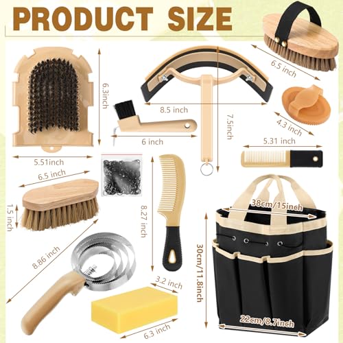 Abbylike 12 Pieces Horse Grooming Kit with Organizer Tote Bag Tack Room Supplies Horse Brush Sets Equine Care Cleaning Kit Shedding Grooming Massaging Tools (Khaki and Black)