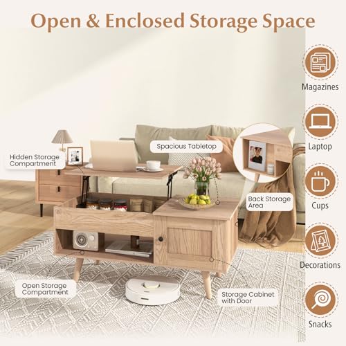 Table basse relevable gain de place pour ranger le salon, meuble industriel naturel - 8