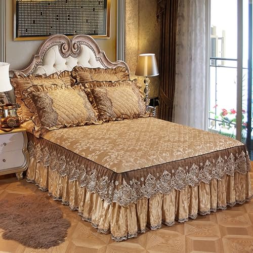 Daesar Juego Sábanas Bajeras Elásticas Ajustables y 2 Fundas Almohada,Patrón de Encaje Bordado con Color Sólido Terciopelo Bajera Cama Caqui,180 x 200 CM