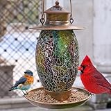 elfonsol Bird Feeder for Outdoor Hanging with Mosaic Stained Glass, Solar Lights, Waterproof Lantern Shape with Hook, Garden Decor Unique Gifts for Mom, Women, Grandma, Bird Lovers - Gold