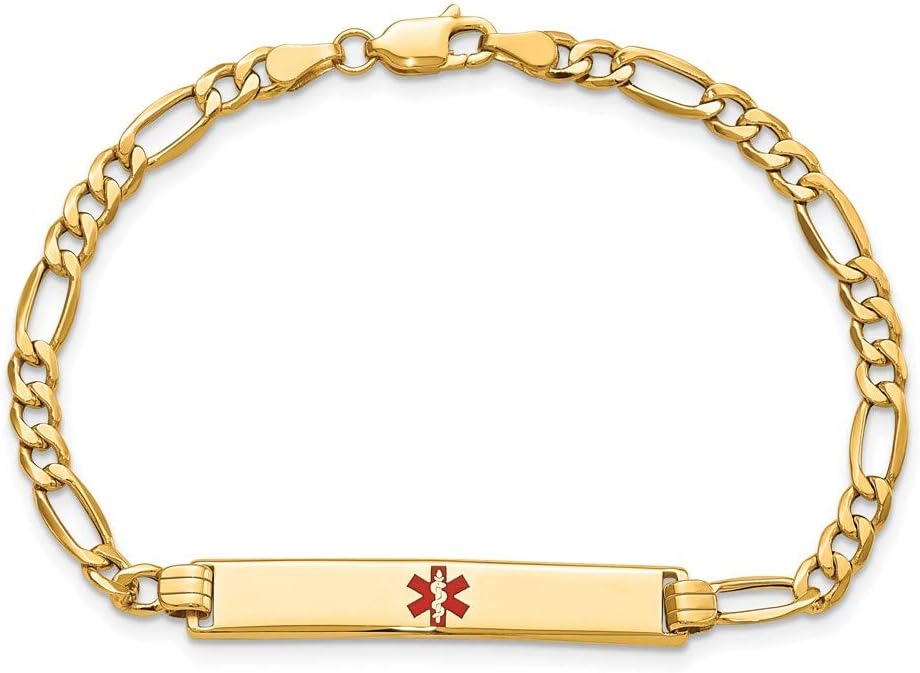 Engravable Personalized Custom 14K Yellow Gold Semi-solid Medical Red Enamel ID Bracelet For Men or Women Length 7 inches Width 6.5 mm