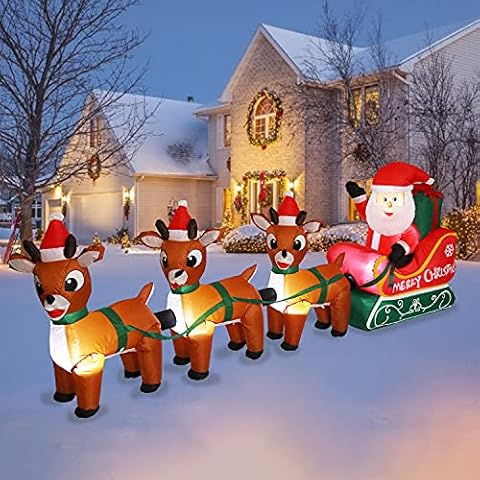 Afirst 8FT Christmas Inflatable Santa Claus on Sleigh with 3 Reindeer Lighted Xmas Blow up Decoration for Outdoor Yard Garden Lawn Home Cover