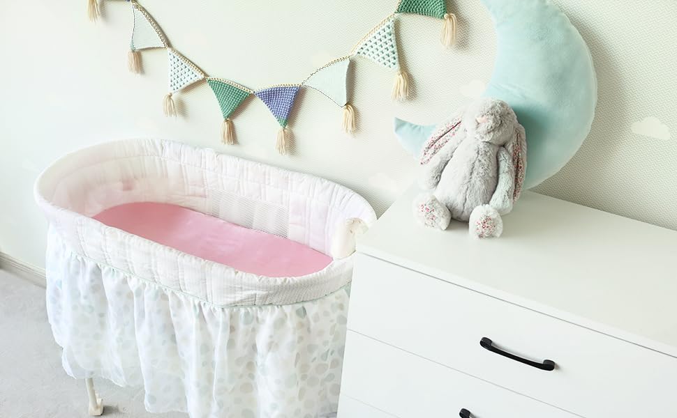 Baby Bassinet Sheets 4 Pack Compatible with 4moms MamaRoo Sleep, Regalo Baby Basics Bassinet and Chicco Close to You 3-in-1 Bedside, Ultra Soft & Skin-Friendly, Pink Print