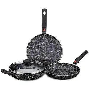 Amazon Brand - Solimo Aluminium 4 Piece Non-Stick Cookware Set with Detachable Handle | Granite Finish | Induction Base | Pfoa Free | HTR Exterior Coating | Black