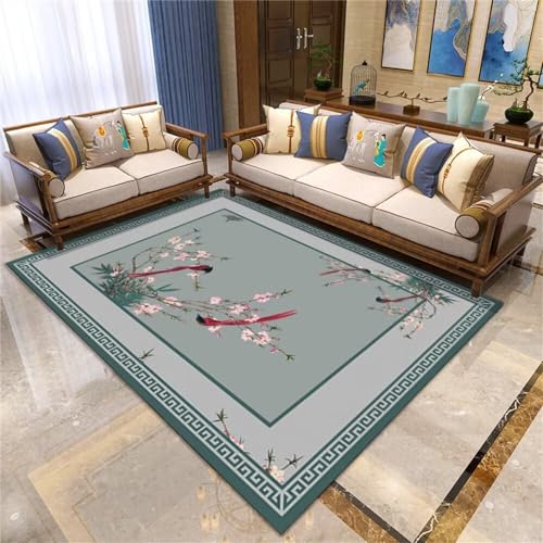 Tapis motif de fleurs et oiseaux vert 50x80cm style oriental