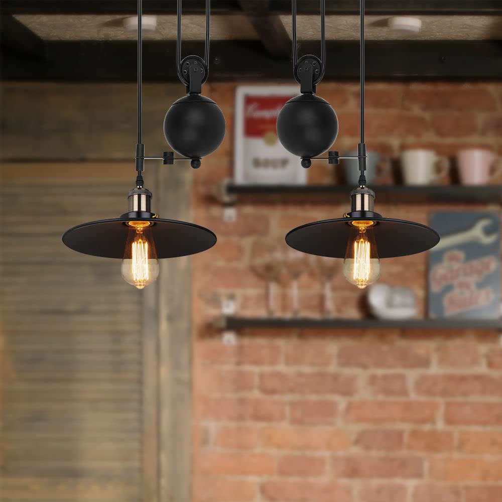 iDEGU 2 Lampes Lustre Industrielle Suspension Luminaire Vintage Plafonnier avec Poulie en Métal Lampe de Plafond Barre, Ø 26cm, Noir (système de poulie - 26cm)