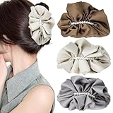 3PCS Large Satin Banana Hair Clips for Thick/Long Hair, Pleated Scrunchie Ponytail Holder for Women, Non-Slip Vertical Clamp, Elegant French Vintage Accessories