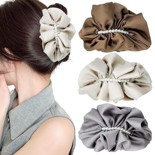 3PCS Grandes Pinzas Plátano de Satén para Cabello Grueso/Largo, Sujetador de Coleta con Scrunchie Plisado para Mujer, Pinza Vertical Antideslizante, Accesorios Elegantes Vintage Franceses