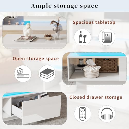 ModernLuxe High Gloss LED Coffee Table with Drawer Storage – Modern Wooden Rectangle Tea Table for Living Room with Open Display Shelf, Adjustable 16 Colors, USB Powered - 100 x 50 x 40 cm - Image 6