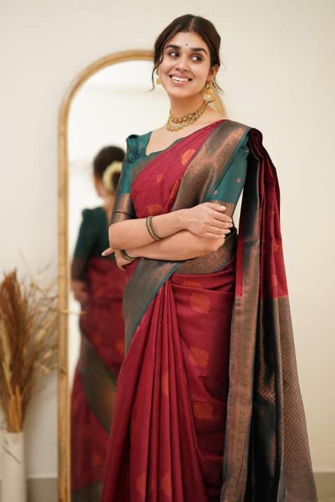 Image of Flosive Elegant Red Banarasi Saree with Gold Zari Border & Classic Design