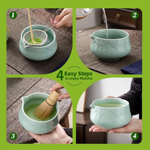 TEANAGOO Matcha Set Matcha whisk Matcha bowl with spout scoop Matcha whisk holder. Japoński zestaw do parzenia herbaty (7 elementów) + 2 filiżanki (5,6 uncji), S36, seledynowy niebieski