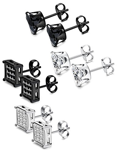 Joerica 4 Pairs Stainless Steel Stud Earrings For Men Women Silver Black Square Earrings Set Mens Earrings Inlaid Cubic Zirconia 7Mm #TOP2