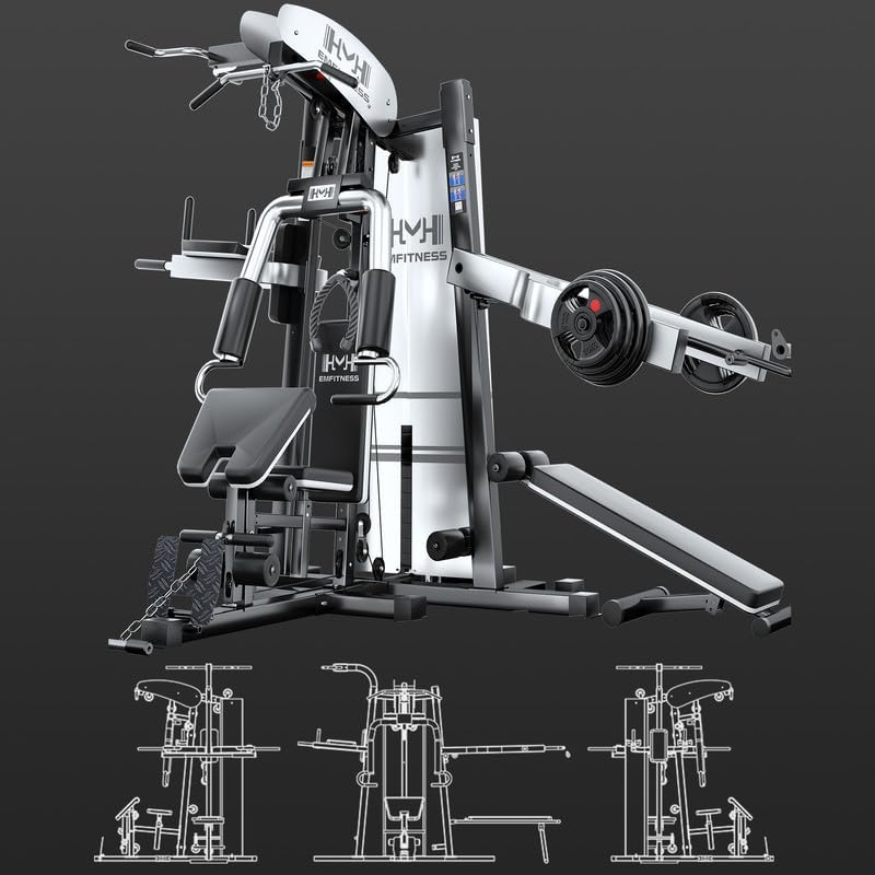 Multifunction Home Gym System, Smith Machine with 3 Station, 176 lb Weight Stack, Machine for LAT Pull Down, Chest Presses , Commercial Grade