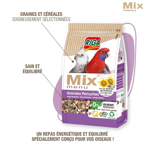 Riga - Menu Mix Grandes Perruches - Mix Vitaminé - Nourriture Oiseaux - Graines - Oligo-Eléments Et Coquilles De Mer Concassées - Croissance Et Brillance Plumage - 0% Colorant/Conservateurs - 900 g – Image 3
