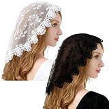 Tyqour 2 PCS Catholic Mantilla Veil Head Coverings for Women 17.72In Lace Veil Circle Round Floral Veils for Church Catholic Black & White